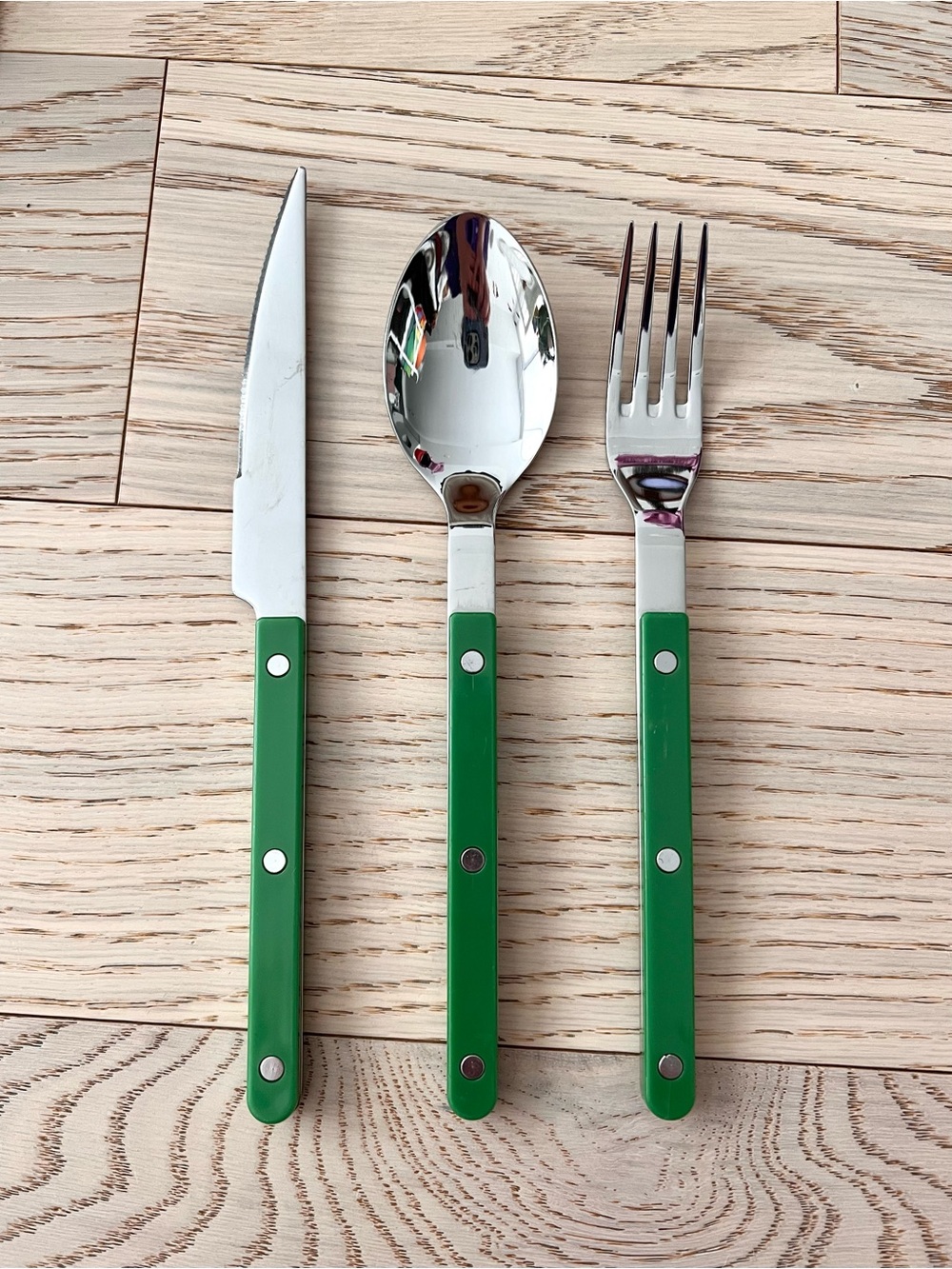 Green Stainless Steel Flatware Set - Knife, Spoon & Fork MCM Style
